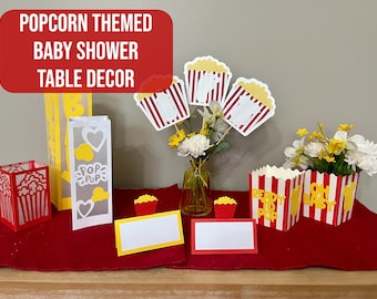 Popcorn thema babyshower tafel decor, Mama is klaar om te knallen babyshower tafel decor, popcorn thema babyshower tafeldecoraties, popcorn baby