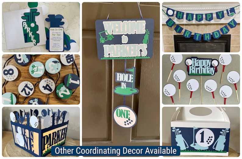 May include: Golf-themed party decorations in blue, green, and white. The decorations include a welcome sign that says "Welcome to Parker's", a banner that says "Happy Birthday", cupcake toppers, and a box with a golf bag design.