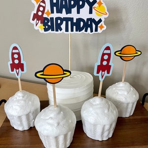 Space Themed Cake and Cupcake Toppers, One Trip Around the Sun Birthday, Two the Moon Birthday, Space Cake Topper, Space Cupcake Toppers