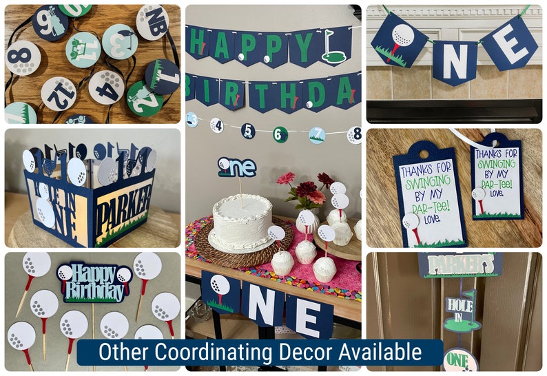 Puede incluir: Decoraciones para una fiesta de primer cumplea&ntilde;os con tem&aacute;tica de golf, que incluyen una pancarta que dice "Feliz cumplea&ntilde;os", un adorno para pastel que dice "uno", adornos para cupcakes con forma de pelota de golf y un letrero que dice "&iexcl;Gracias por venir a mi par-tee! Con cari&ntilde;o."
