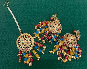 Jadau tikka set/ Punjabi Jewellery/ Tikka with earrings/ Etnic jewelry/ wedding Jewellery/ Karva Chauth/ Bollywood Jewellery/ Patra jewelry