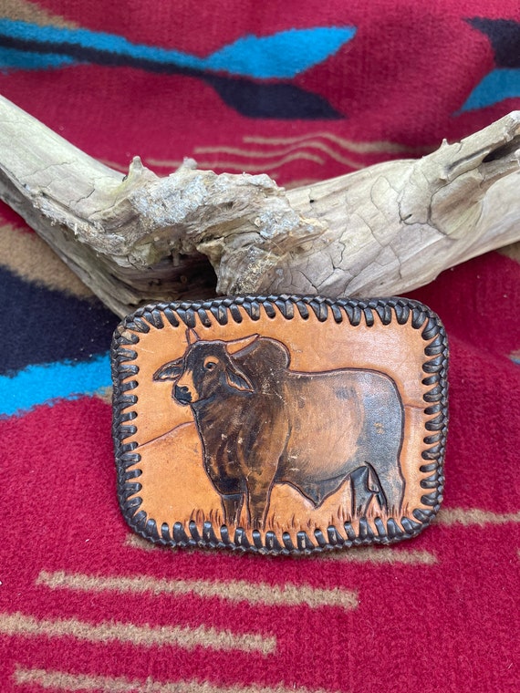 Vintage Leather Bull Belt Buckle - image 1