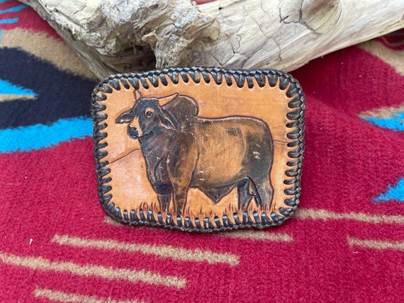 Vintage Leather Bull Belt Buckle - image 2