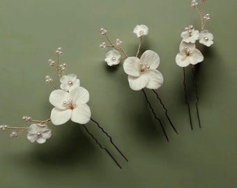 Bridal Hair Pins Set of 3, Polymer Clay Flowers, Wedding Hair Accessories, Floral Hair Pins, Custom Bridal Hairpiece