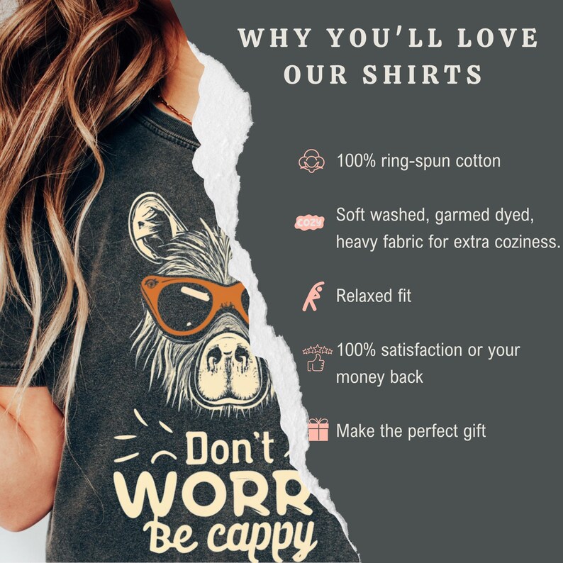 May include: A dark gray t-shirt with a cartoon llama wearing sunglasses and the text "Don't WORR Be cappy". The shirt is made of 100% ring-spun cotton and has a relaxed fit.