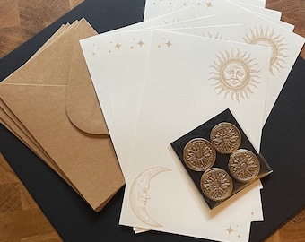 Celestial Tidings Mini Letter Gift Set, Sun and Moon Pen Pal Stationery Kit, Fountain Pen Paper Supplies, Handmade Letter Writing Pack