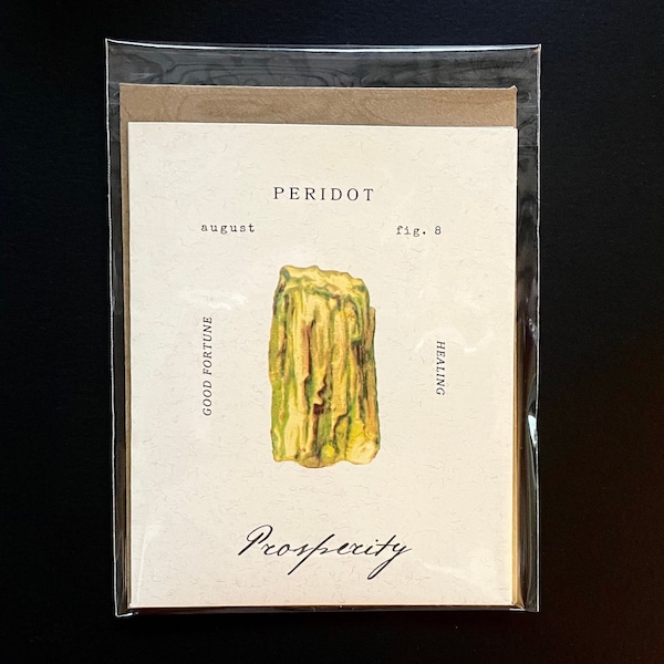 PERIDOT | August Birthstone Vintage Print A2 Greeting Card | Crystal Gift Birthday Card, Blank Inside, Handmade with Recycled Fiber Card