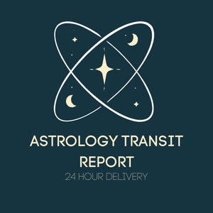 May include: A white stylized illustration of a star and crescent moons within a circle design. The text "Astrology Transit Report 24 Hour Delivery" is below the design.