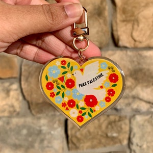 Free Palestine Heart Keychain with watermelon, dove, olives, and poppy flowers | Palestine keychains