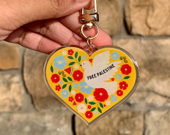 Free Palestine Heart Keychain with watermelon, dove, olives, and poppy flowers | Palestine keychains