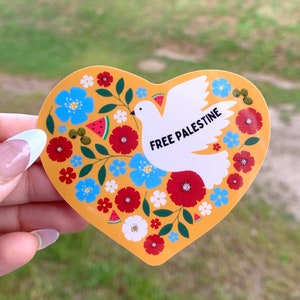 Palestine Heart Sticker | Watermelon, Dove, Poppies - Waterproof Vinyl