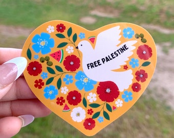 Palestine Heart Sticker | Watermelon, Dove, Poppies - Waterproof Vinyl