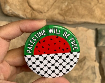 Free Palestine Button with Keffiyeh print and watermelon | Palestine pin, brooch, badge