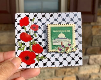 Palestine Hard Enamel Pin with glitter & pearl details | olives and Dome of the Rock | Keffiyeh and poppy flower backing card