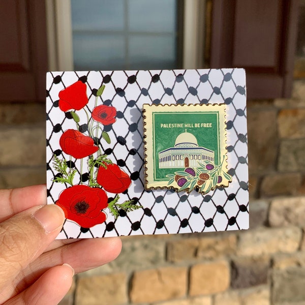 Palestine Hard Enamel Pin with glitter & pearl details | olives and Dome of the Rock | Keffiyeh and poppy flower backing card