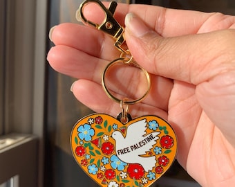 Palestine Heart Keychain | Handmade Enamel, Floral Dove