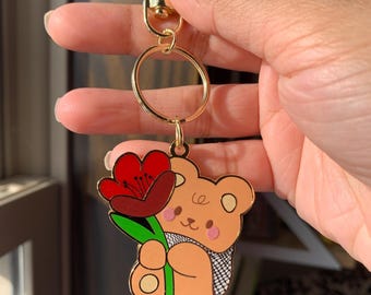 Keffiyeh Teddy Bear with Poppy Flower Keychain | Free Palestine | Handmade hard enamel keychain