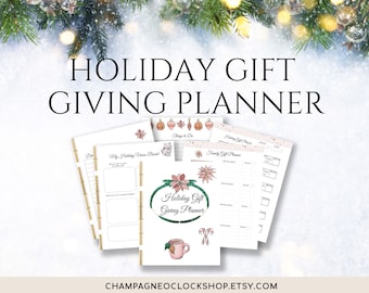 May include: A set of holiday gift-giving planner pages with a festive design. The pages include sections for planning, vision boards, and gift tracking. The cover features the text "Holiday Gift Giving Planner" with decorative elements and the shop's Etsy URL.