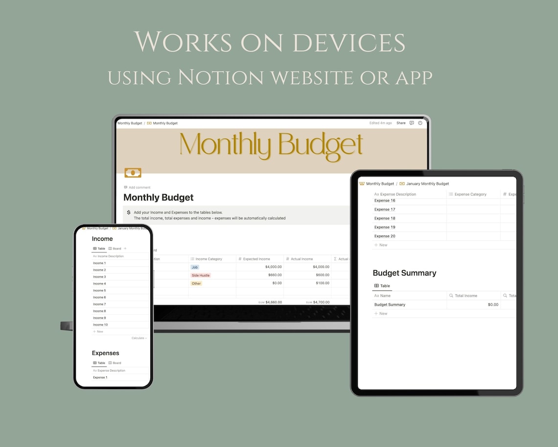 Notion Monthly Budget Tracker Template, Notion Finance Tracker, Budgets