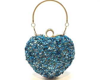 Heart Shape light Blue Bag with Removable Chain, Shining Prom Hand Bag, Stylish Wedding Clutch, Blue Shiny Purse, Gift for Her, Designer Bag