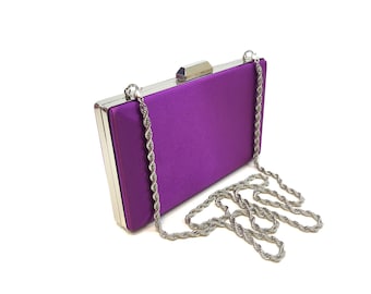 Elegant Satin Purple Clutch Purse, Purple Party Handbag, Satin Purple Evening Bag, Purple Cocktail Hand Bag Silver With Removable Chain