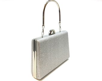 silver clutch purse silvery special fabric, with silver plated chain, top handle silver evening bag, silver evening bag for wedding