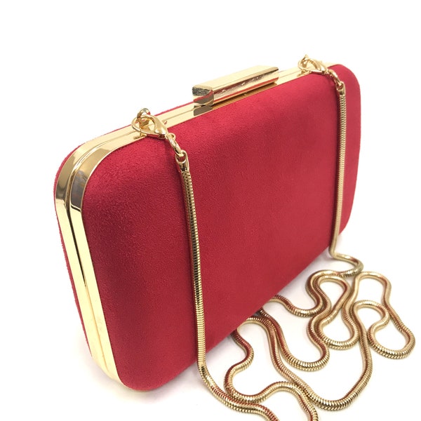 Red Suede Clutch Bag with Removable Gold-Plated Chain, Red Suede Evening Bag, Red Suede Clutch Purse, Suede Wedding Bag, Red Party Clutch