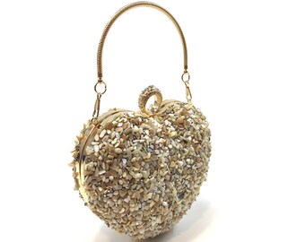 Beige Heart Clutch Bag with Shiny Stones, Elegant Hand Bag, Stylish Dinner Clutch, Bridal Shiny Purse, Gift for GF, Beige Designer Bag