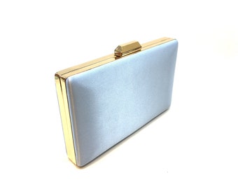 Bolso clutch de satén azul bebé con cadena chapada en oro extraíble, bolso de noche azul bebé, embrague satinado, bolso de color claro, bolso BRIDESMAID