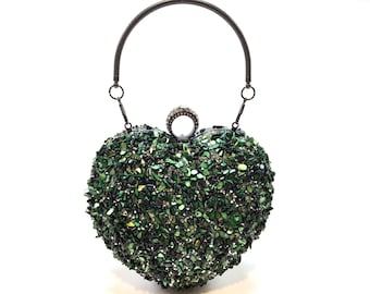 green design stone heart box bag, green clutch purse, green wedding handbag, green evening bag, green sparkle clutch purse removable chain