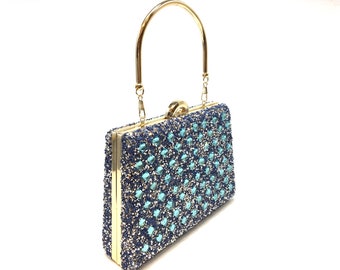 Shiny Light Blue Clutch Bag With Removable Chain, Gold Frame Blue Stone Clutch, Top Handle Shining Night Bag, Sparkly Light Blue Evening Bag