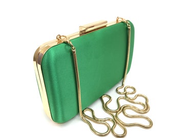 Satin Green Gold Clutch Purse, Elegant Green Satin Evening Bag, With Removable Chain, Gold Green Wedding Bag, Unique Green Party Clutch