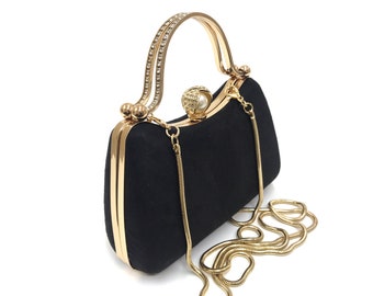 Pochette in pelle scamosciata nera e oro con catena placcata oro rimovibile, borsa da sera nera in pelle scamosciata, pochette da sposa in oro nero, borsa a mano in oro nero