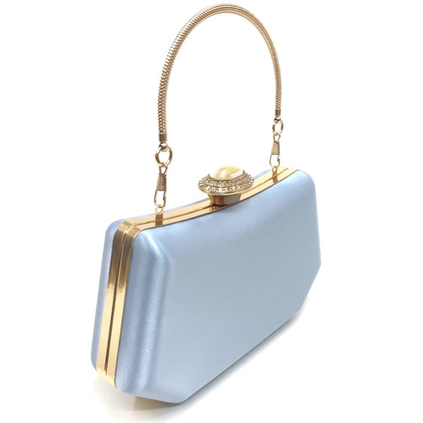 Borsa da sera in raso Baby Blue, pochette di lusso in raso Baby Blue, borsa da festa in oro Baby Blue, elegante borsa azzurra, regalo da damigella d'onore