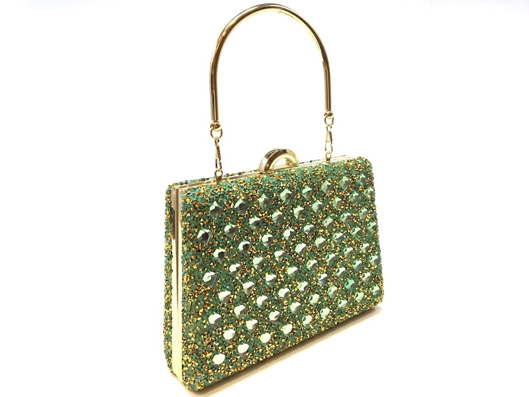 Shiny Light Green Clutch Bag With Removable Chain, Gold Frame Green