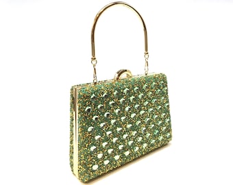 Glänzende hellgrüne Clutch-Tasche mit abnehmbarer Kette, Goldrahmen-Grünstein-Clutch, glänzende Nachttasche mit Griff oben, glitzernde grüne Abendtasche