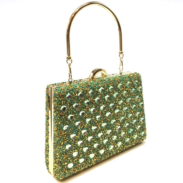 Sac pochette vert clair brillant avec chaîne amovible, pochette en pierre verte à cadre doré, sac de nuit brillant à poignée supérieure, sac de soirée vert scintillant