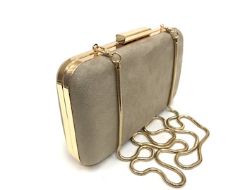 Tan Suede clutch tas met afneembare vergulde ketting, Tan Suede avondtasje, Tan Suede clutch portemonnee, suède trouwtas, Tan Party clutch