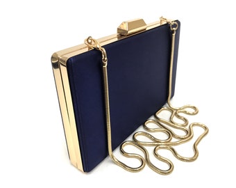 Satin Navy Blue Clutch Purse, Gold Frame Detachable Chain, Navy Blue Clutch Bag For Wedding, Navy Blue Evening Bag, Gold Navy Blue Clutch