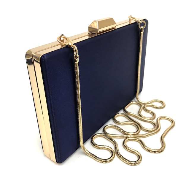 Satin Navy Blue Clutch Purse, Gold Frame Detachable Chain, Navy Blue Clutch Bag For Wedding, Navy Blue Evening Bag, Gold Navy Blue Clutch