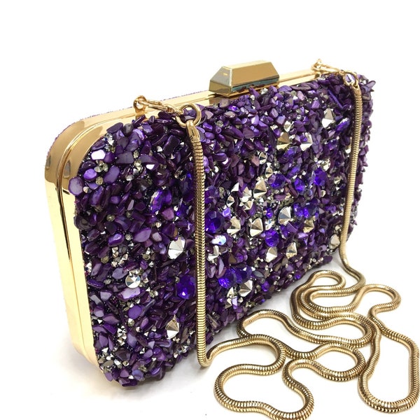 Gold Purple Clutch Purse Decorated With Suede Glittering Stones, Elegant Purple Evening Bag, Gold Purple Prom Bag, Purple Wedding Bag