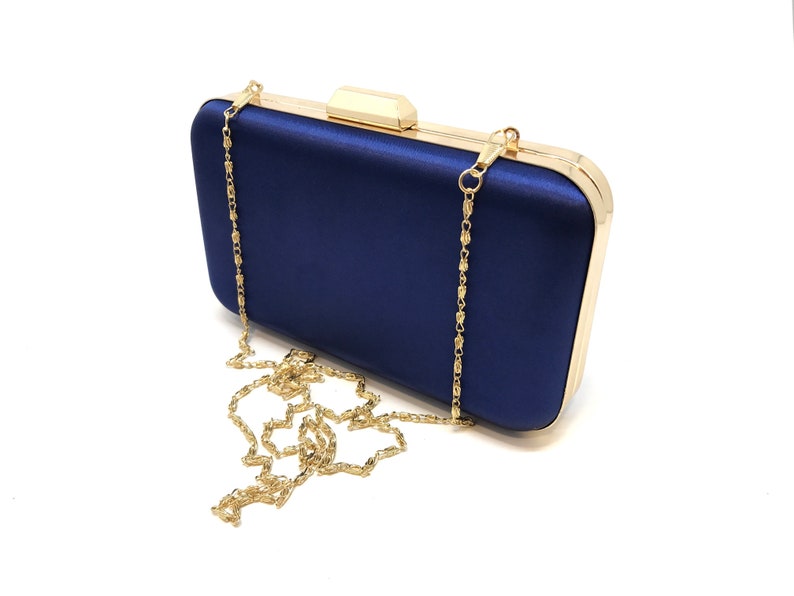 Luxury Satin Navy Blue Clutch Purse, Gold With Detachable Chain, Navy