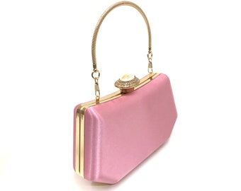 Bolso de noche rosa satinado, bolso clutch de lujo rosa satinado, bolso de fiesta rosa, bolso rosa elegante, regalo de dama de honor, bolso clutch rosa dorado