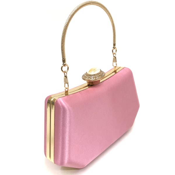 Satin Pink Evening Bag, Satin Pink Luxury Clutch Purse, Pink Party Purse, Elegant Pink Handbag, Bridesmaid Gift, Gold Pink Clutch Purse