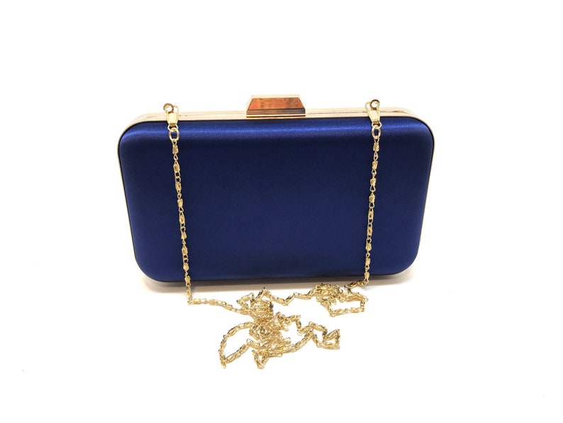 Luxury Satin Navy Blue Clutch Purse, Gold With Detachable Chain, Navy