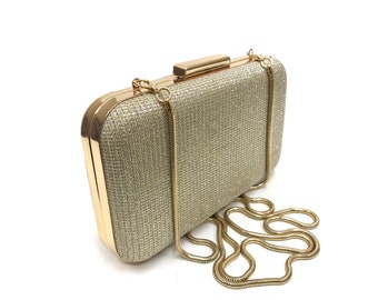 Speciale gelegenheid gouden clutch portemonnee, elegante gouden stof avondtasje met afneembare ketting, glanzende gouden trouwtas, unieke diner clutch