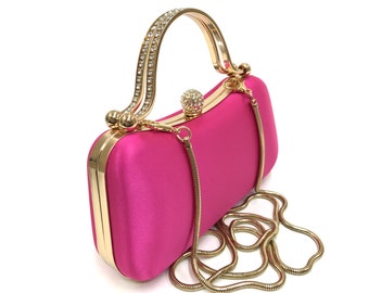 Satin Fuchsia Gold Evening Bag, Satin Fuchsia Clutch Purse, Hot Pink Wedding Bag, Hot Pink top-handle Evening Bag, Suitable For Mobile Phone