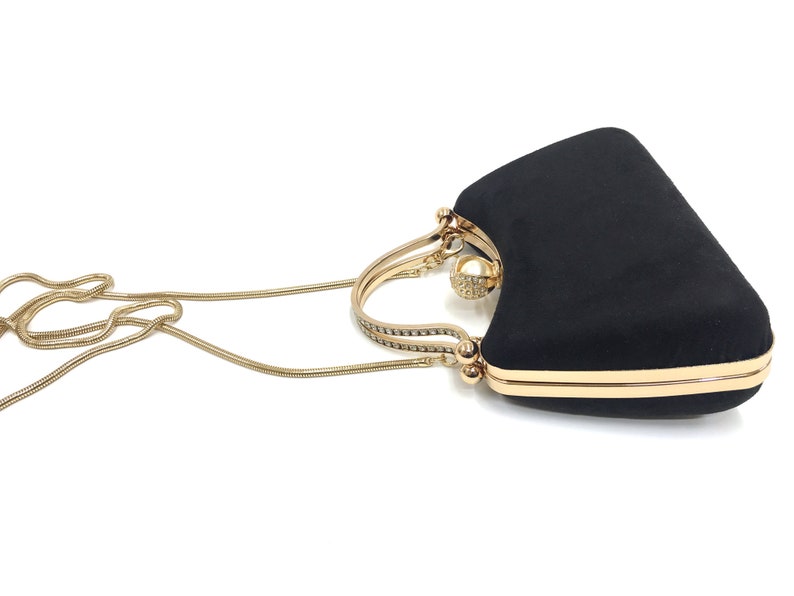 Black and Gold Suede Clutch Purse with Removable Gold-Plated Chain, Suede Black Evening Bag, Black Gold Wedding Clutch, Black Gold Hand Bag zdjęcie 5