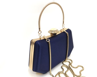 Bolso de noche azul marino satinado, bolso clutch de lujo azul satinado, bolso de fiesta azul dorado, bolso azul elegante, regalo de dama de honor, clutch azul marino