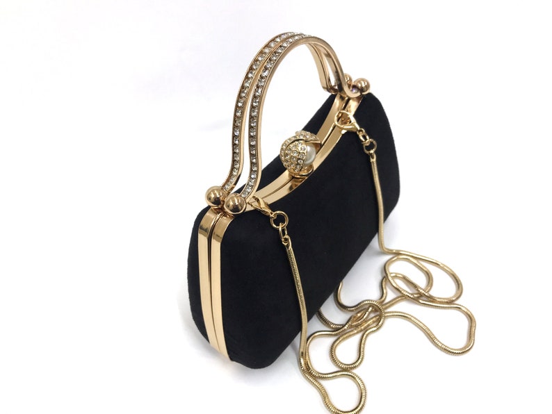 Black and Gold Suede Clutch Purse with Removable Gold-Plated Chain, Suede Black Evening Bag, Black Gold Wedding Clutch, Black Gold Hand Bag zdjęcie 7